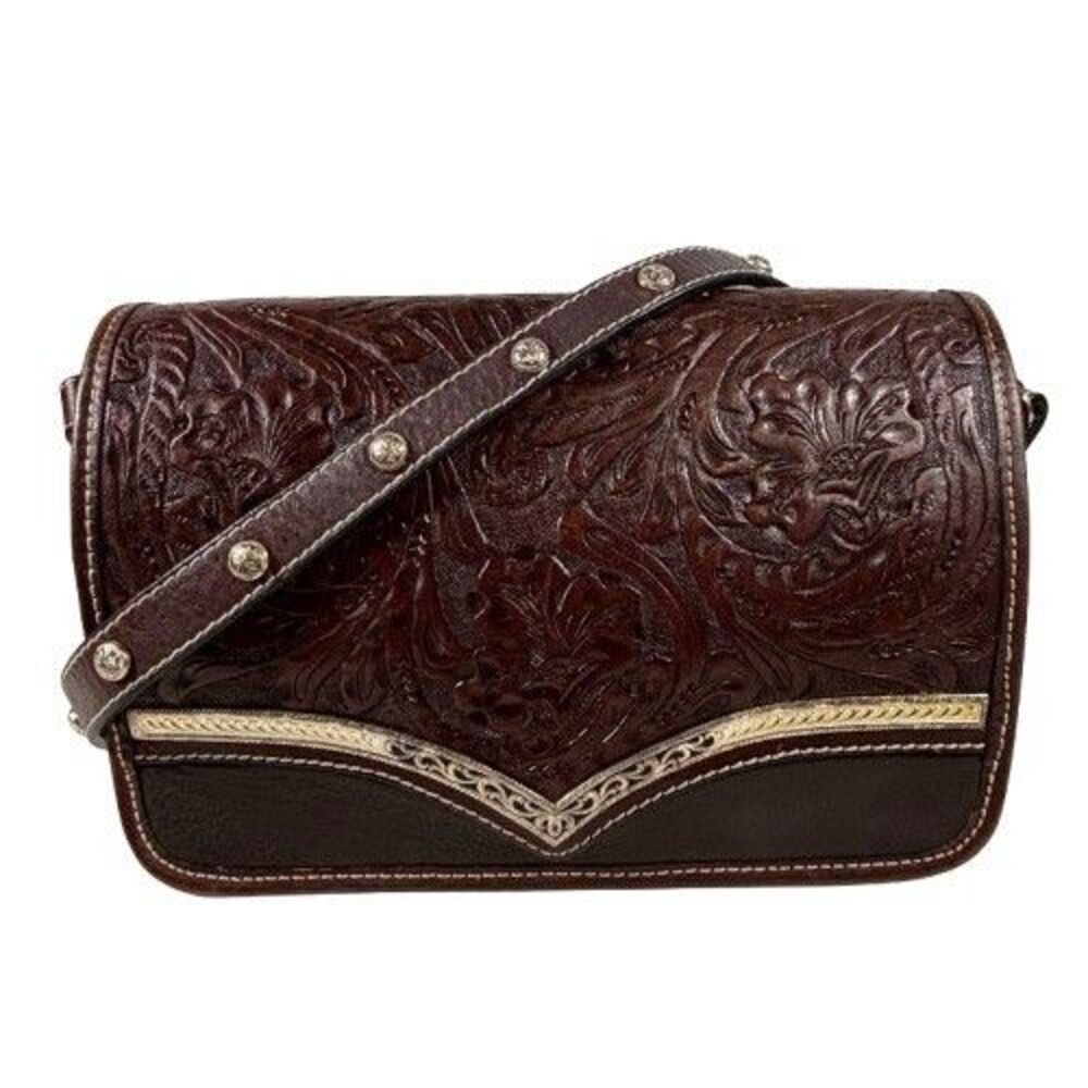 Montana Silversmiths Brown Tooled Leather Shoulder Bag with Gold Accents